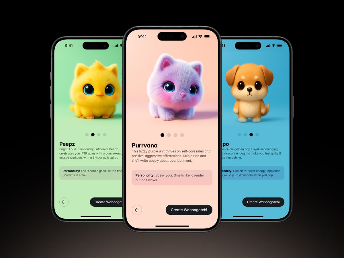 Mobile phone screens showing Wahoogotchi app